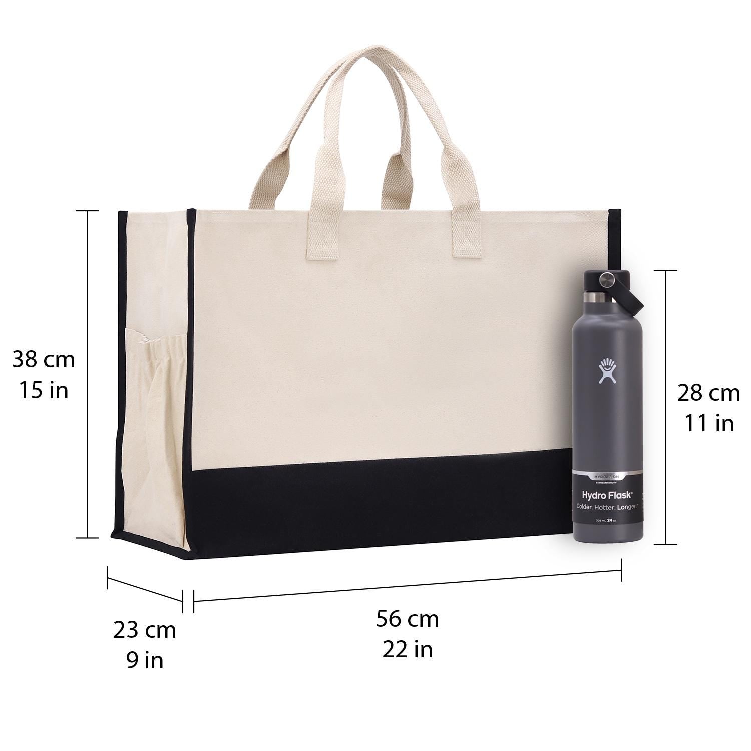 a large tote bag and a water bottle, with measurements provided.