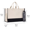 a large tote bag and a water bottle, with measurements provided.