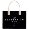 a black bag with white trim and the text "The Equestrian Bag" printed on it.