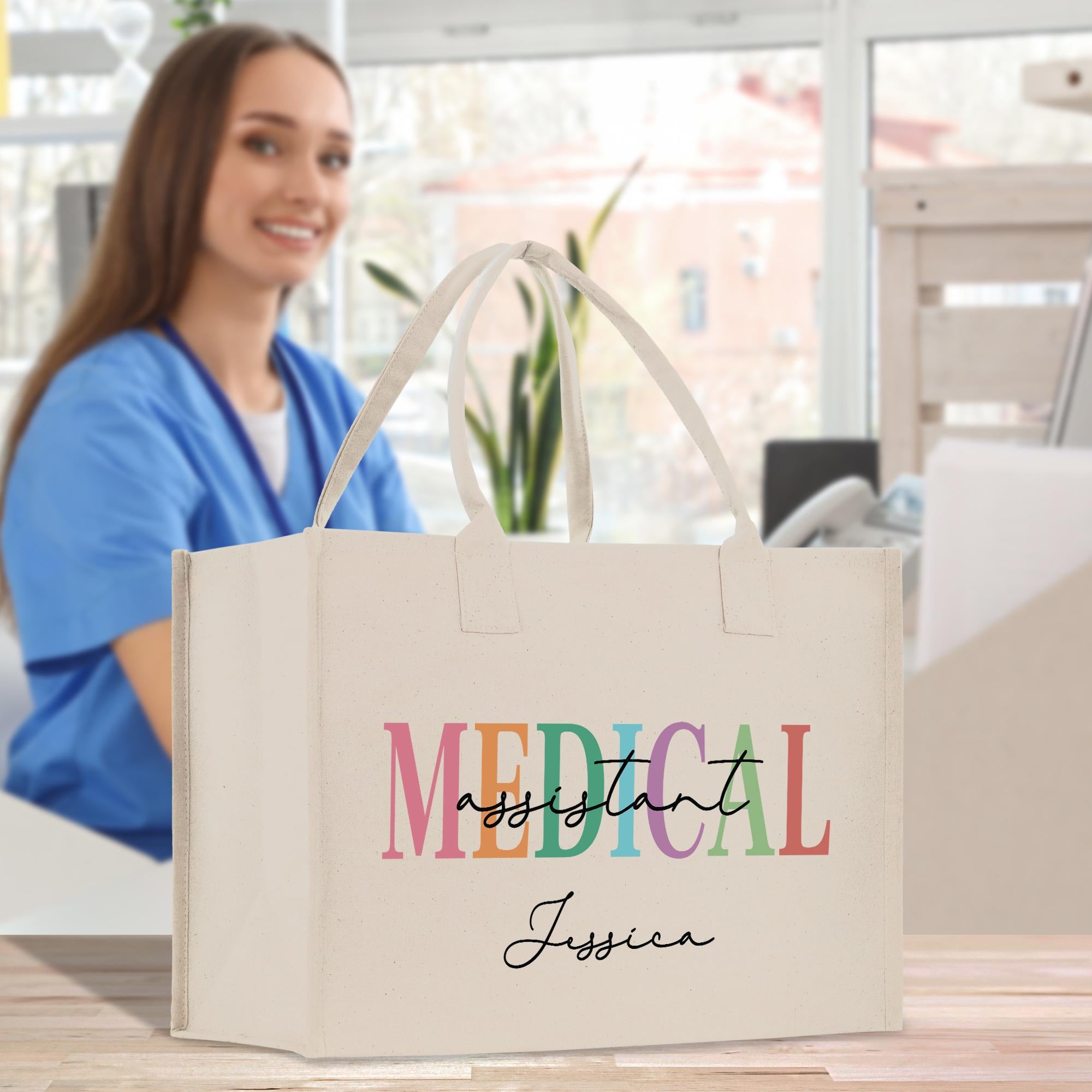 a woman sitting at a table with a medical bag