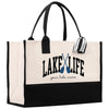a white and black bag with lake life on it