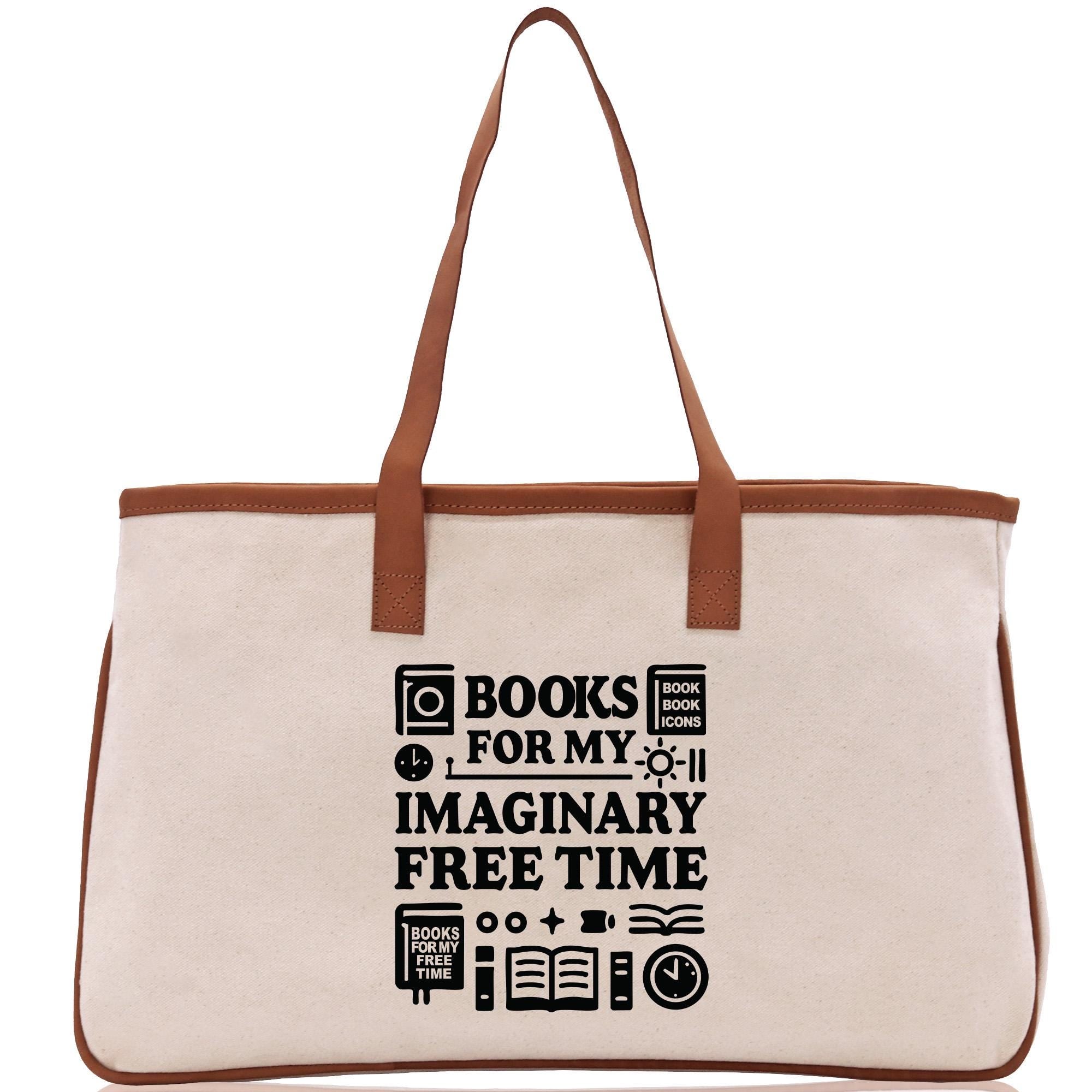 A beige tote bag with a brown handle and a printed message on it.