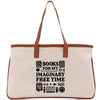 A beige tote bag with a brown handle and a printed message on it.