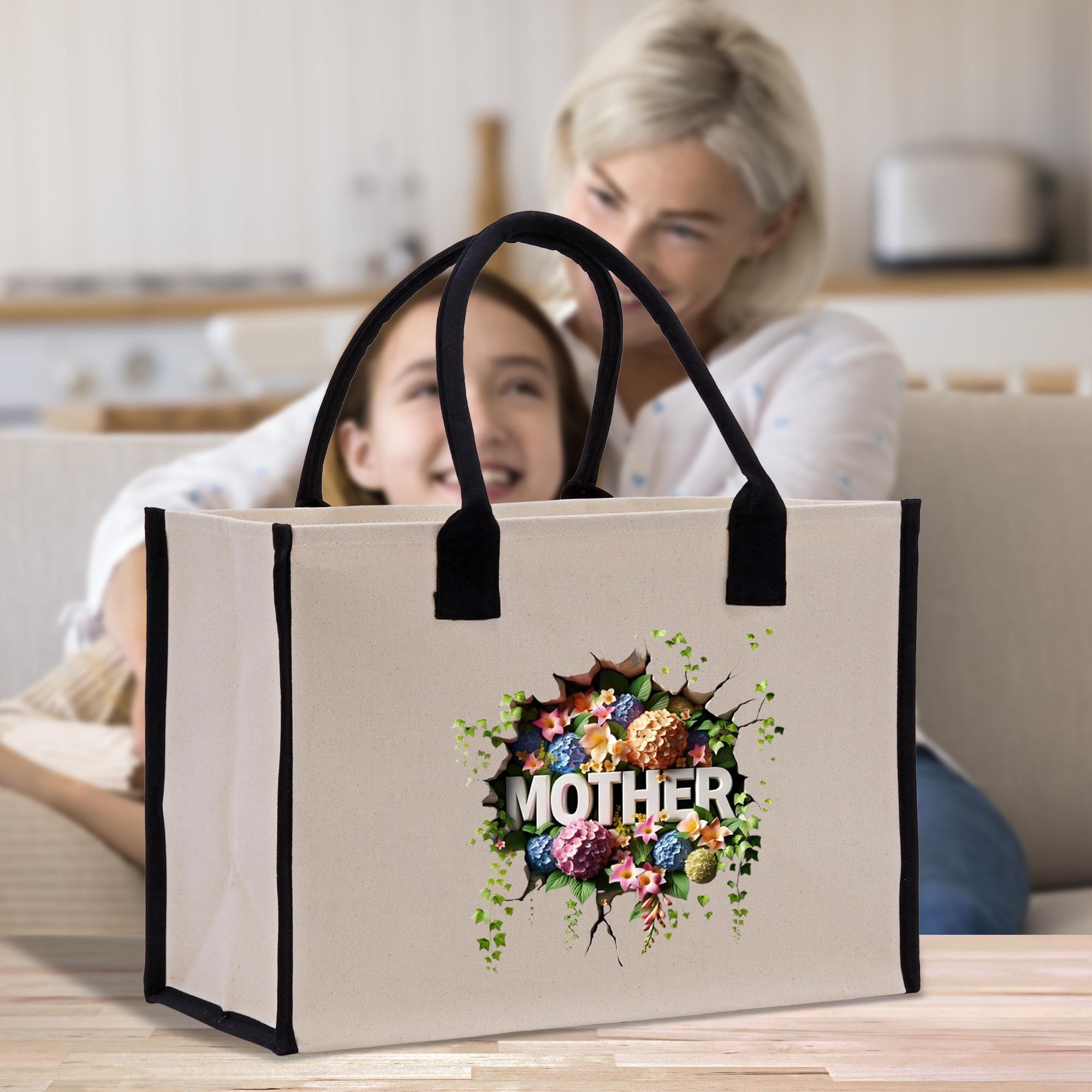 a woman sitting on a couch next to a woman holding a bag
