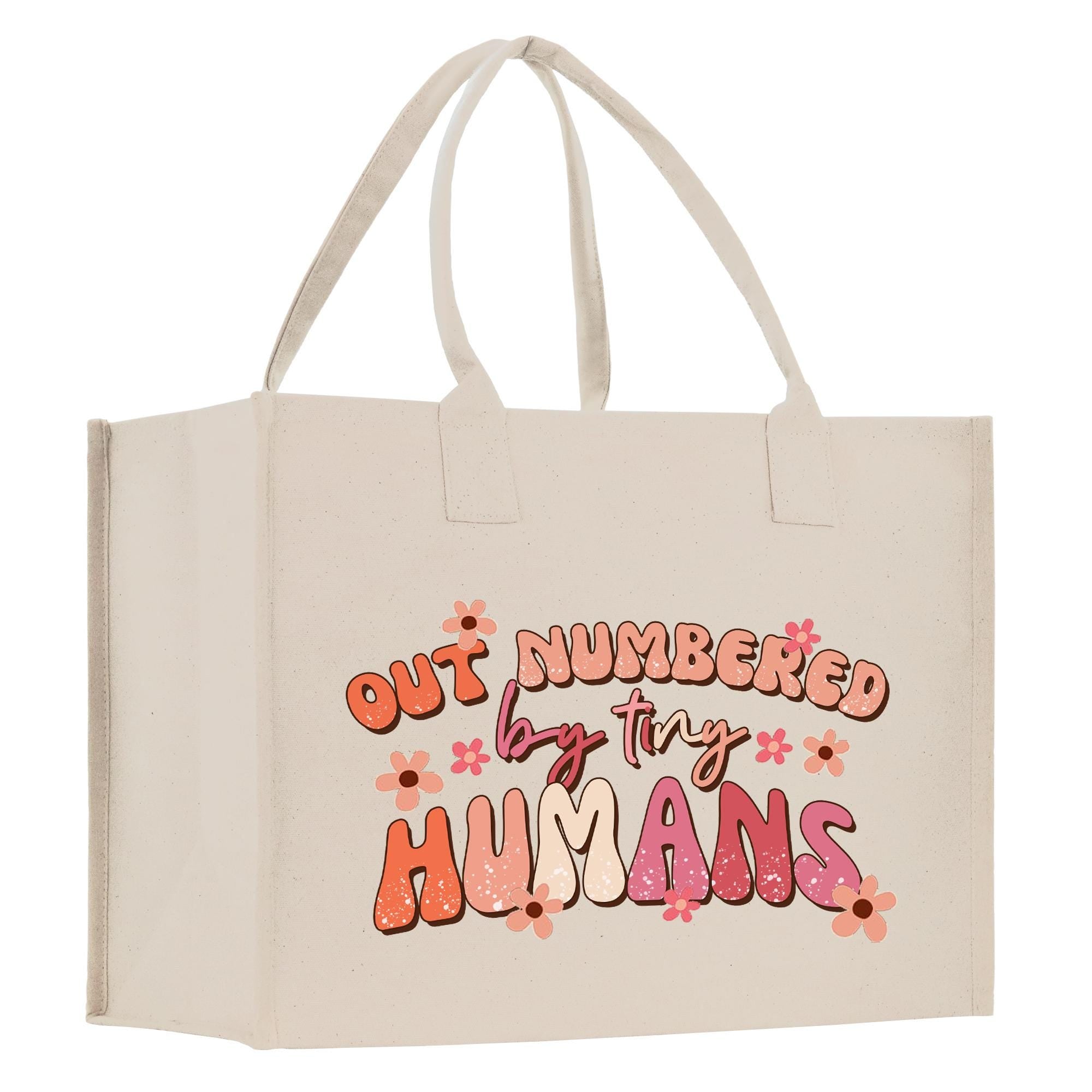 a white shopping bag with the words, out numbered by tiny humans