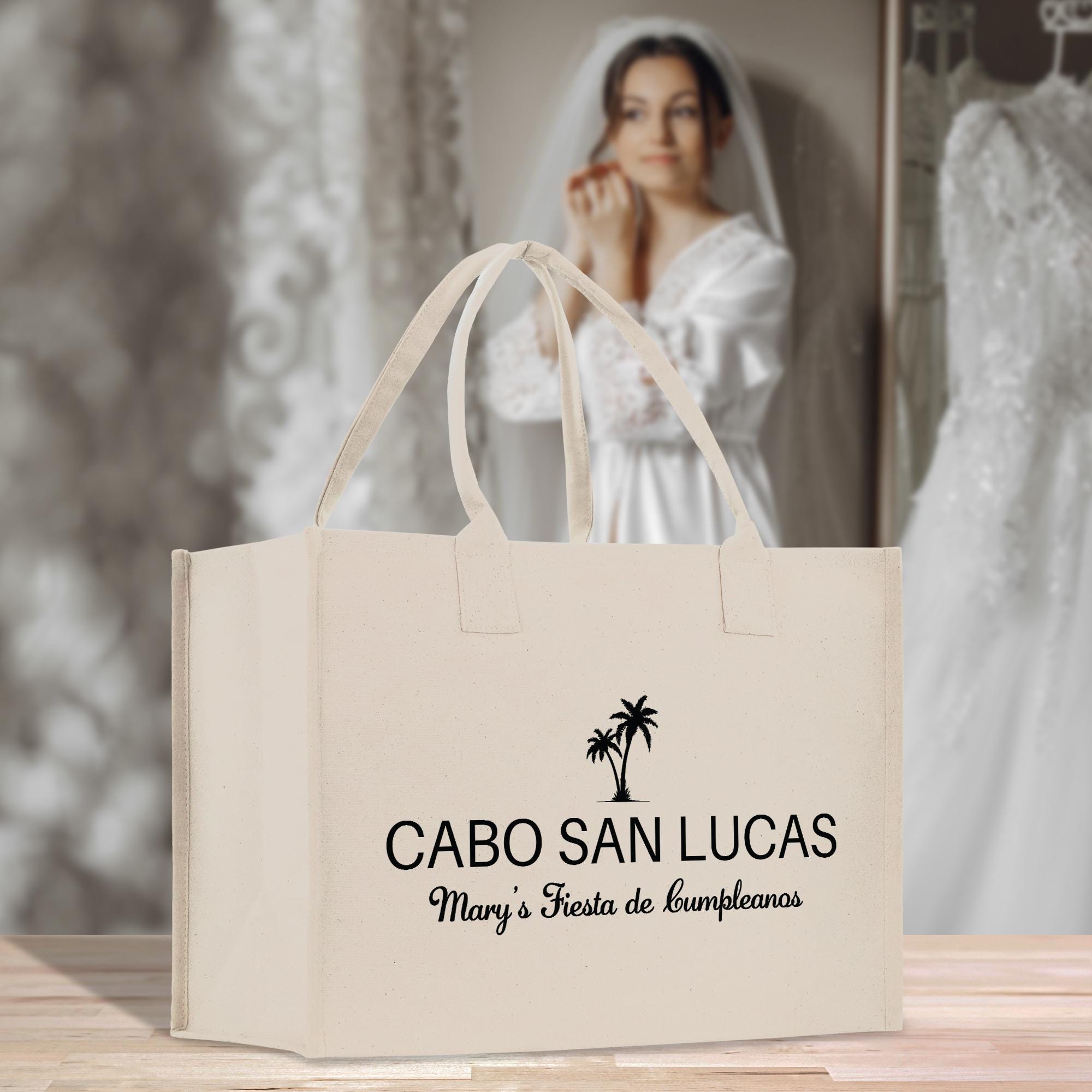 a white bag sitting on top of a wooden table