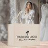 a white bag sitting on top of a wooden table