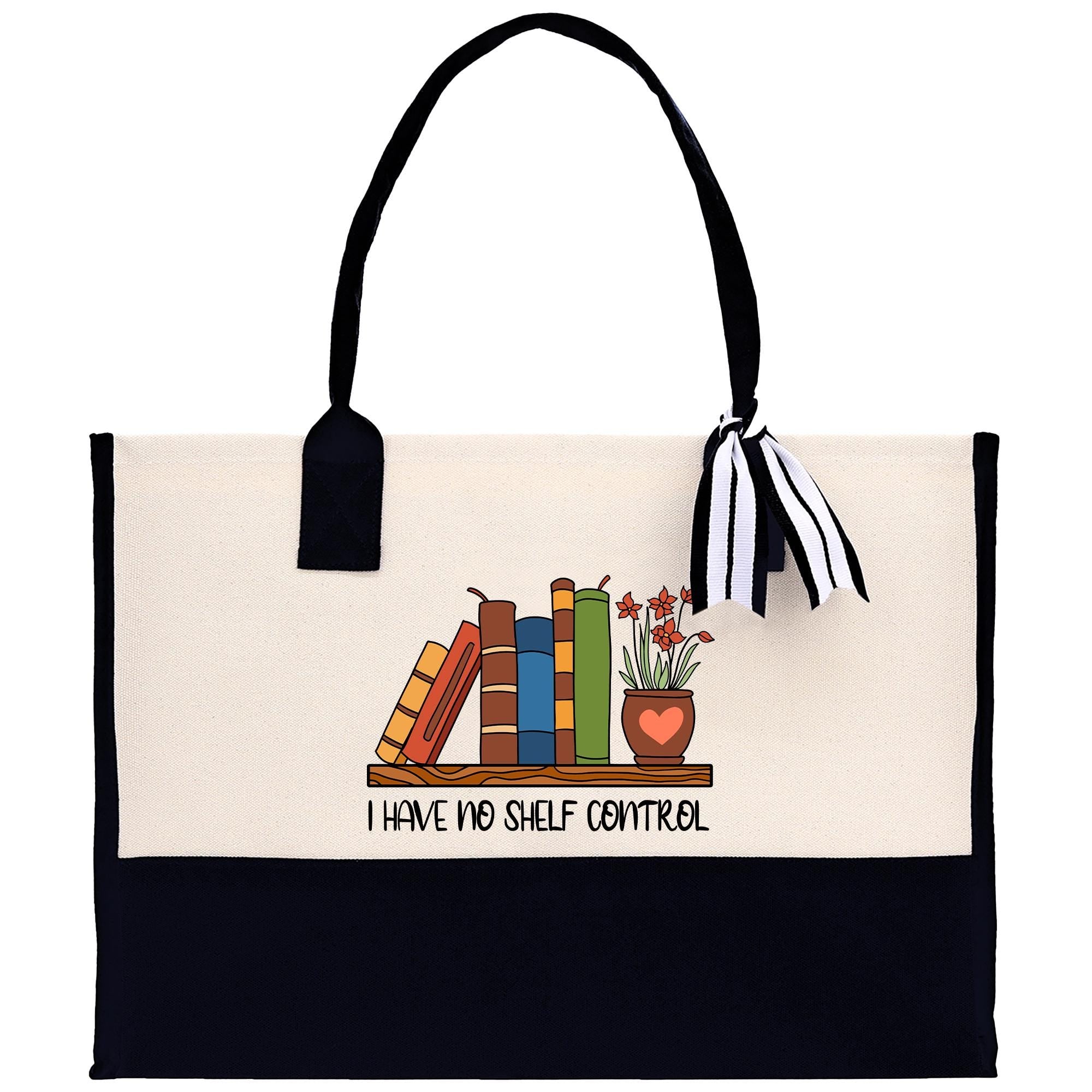 A tote bag with a printed design on it, depicting a bookshelf with colorful books and a potted plant. The text on the bag says &quot;I HAVE NO SHELF CONTROL&quot;.