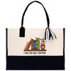 A tote bag with a printed design on it, depicting a bookshelf with colorful books and a potted plant. The text on the bag says "I HAVE NO SHELF CONTROL".