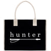 A black tote bag with the word "hunter" printed on it in white text.