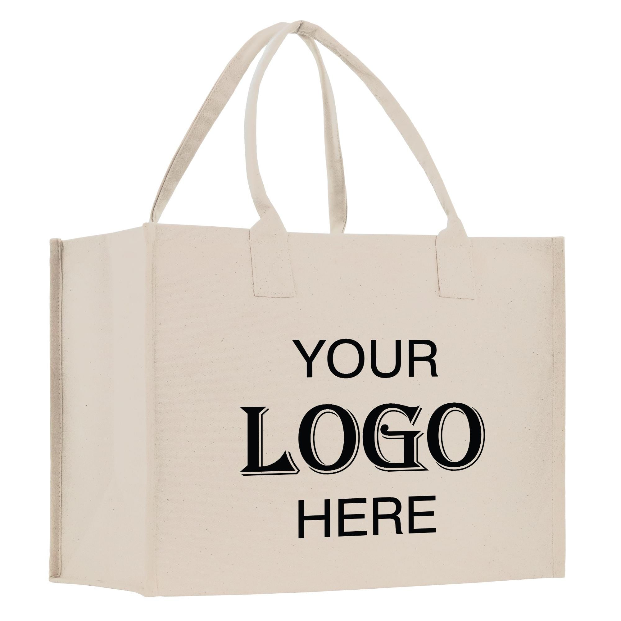 A beige canvas tote bag with the text &quot;YOUR LOGO HERE&quot; printed on it.