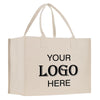 A beige canvas tote bag with the text "YOUR LOGO HERE" printed on it.