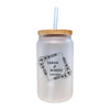 A frosted glass jar with a wooden lid and a straw. The jar has a floral design on the front and the names "Sara & Robert" printed on it.