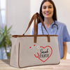 a woman holding a bag with a stethoscope on it