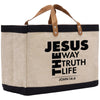 a canvas bag with a bible verse printed on it