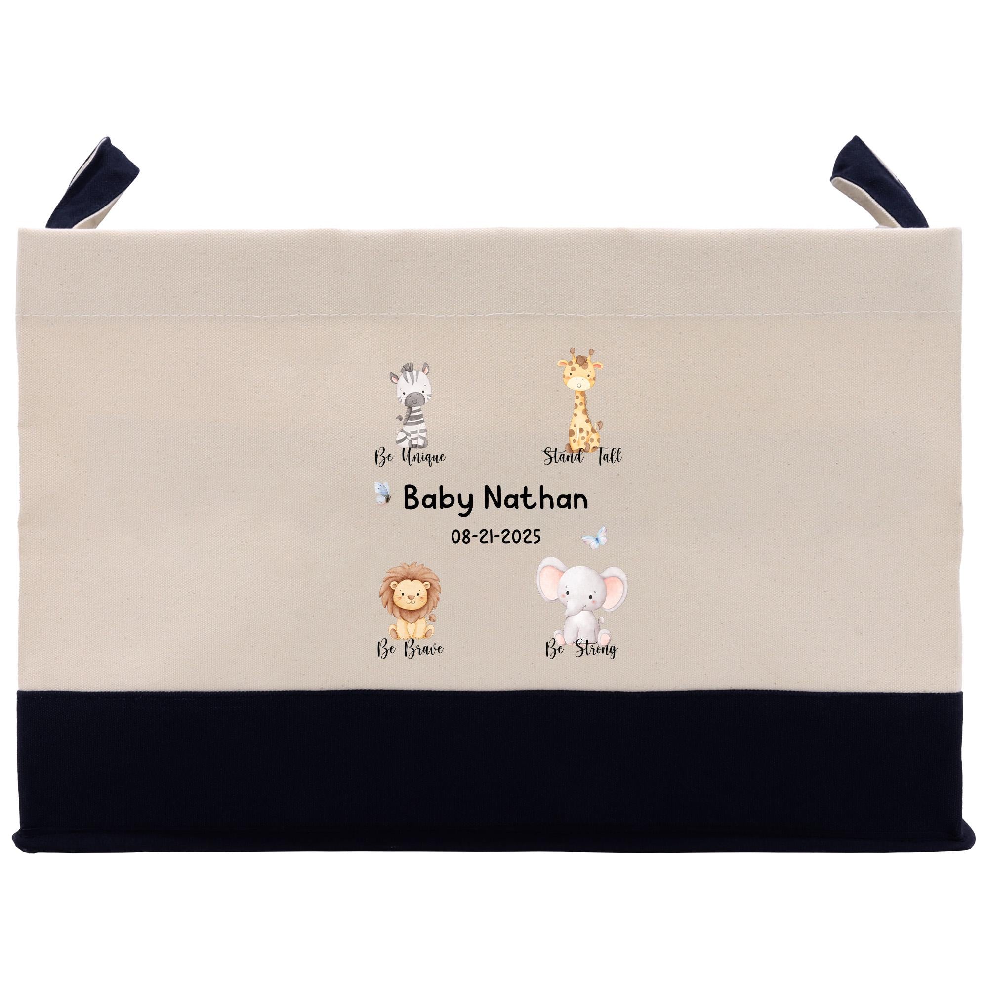A beige canvas tote bag with a black trim, featuring a personalized message and illustrations of four different animals.