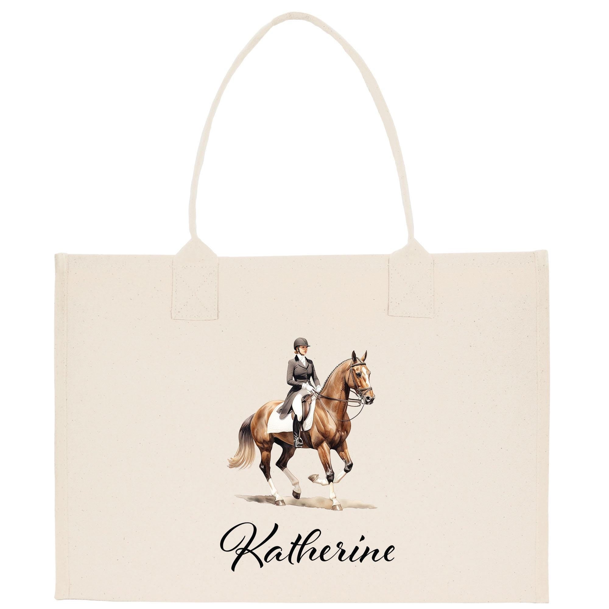 A beige tote bag with a printed image of a person riding a horse on it.