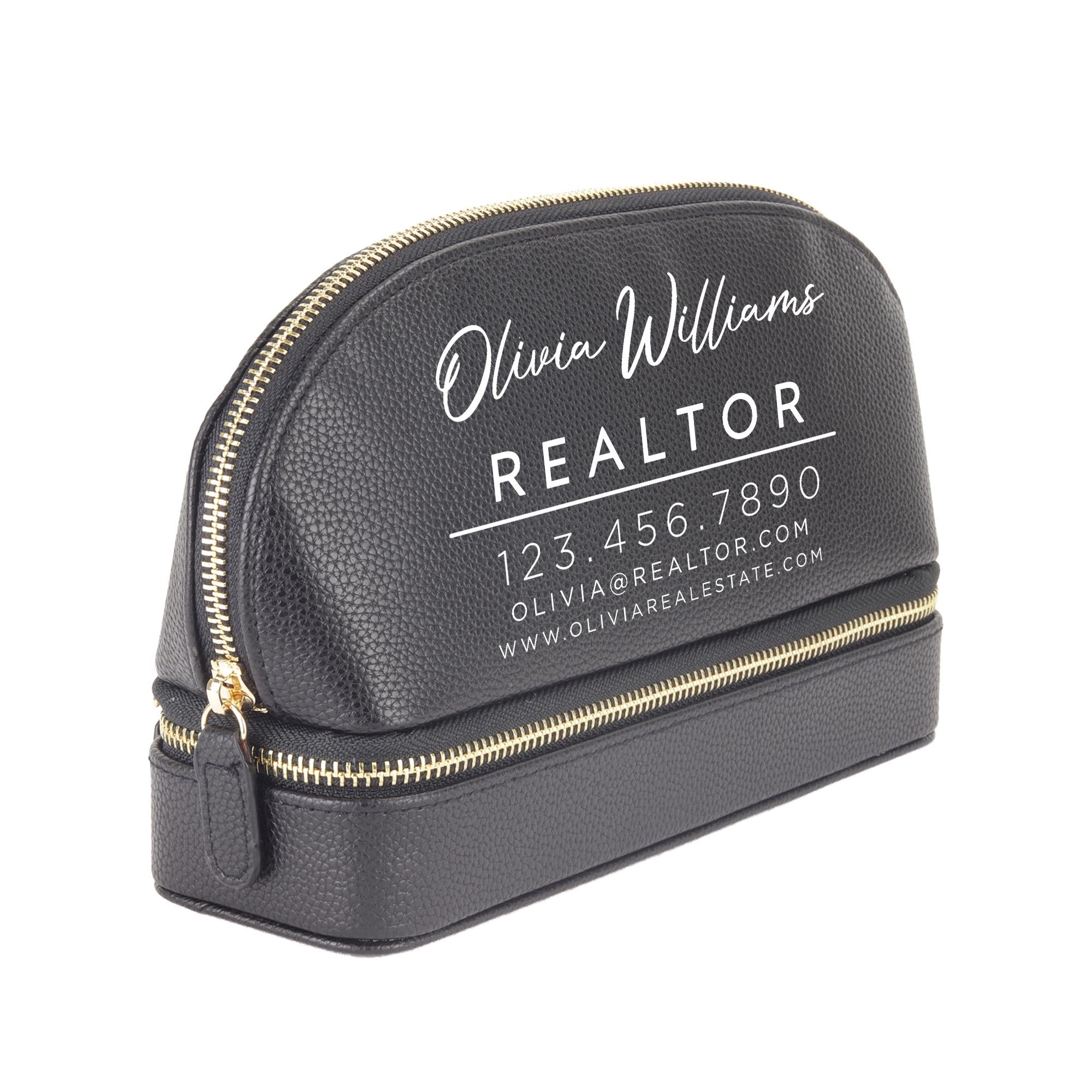 A black leather cosmetic bag with the text &quot;Olivia Williams REALTOR&quot; printed on it.