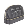 A black leather cosmetic bag with the text "Olivia Williams REALTOR" printed on it.