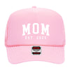 A pink trucker hat with the text "MOM EST. 2025" printed on it.