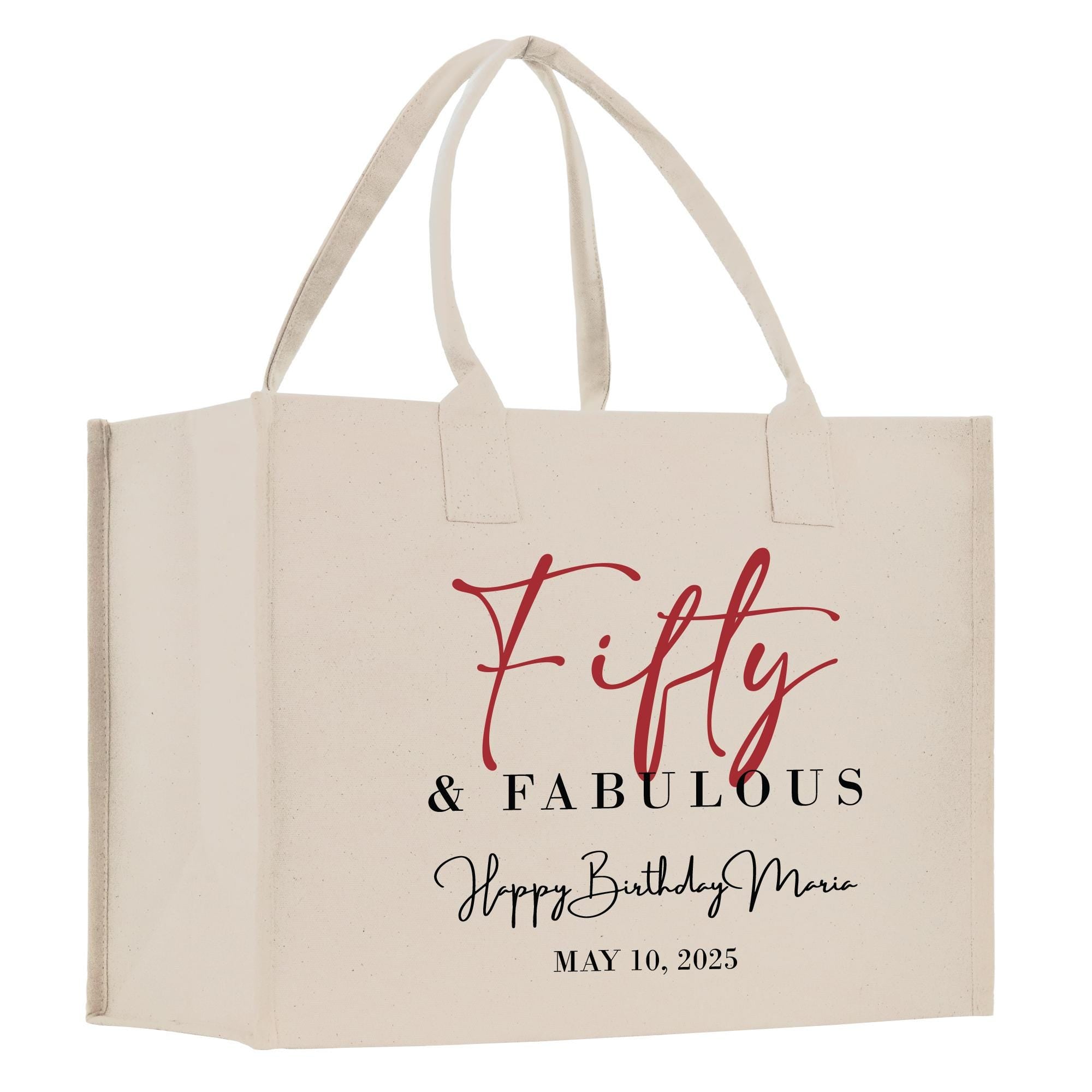 a white shopping bag with the words fifty and fabulous printed on it