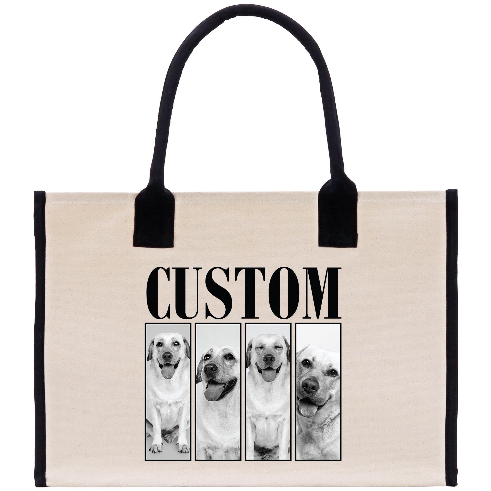 The image is a tote bag with a custom design featuring four black and white photographs of dogs, each with a different expression. The word &quot;CUSTOM&quot; is prominently displayed in the center of the bag.