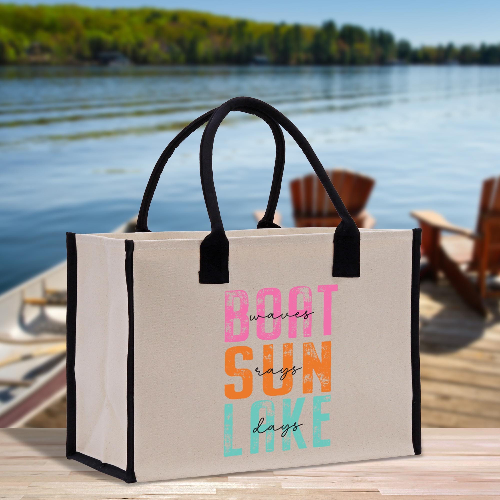 a bag sitting on a table next to a body of water