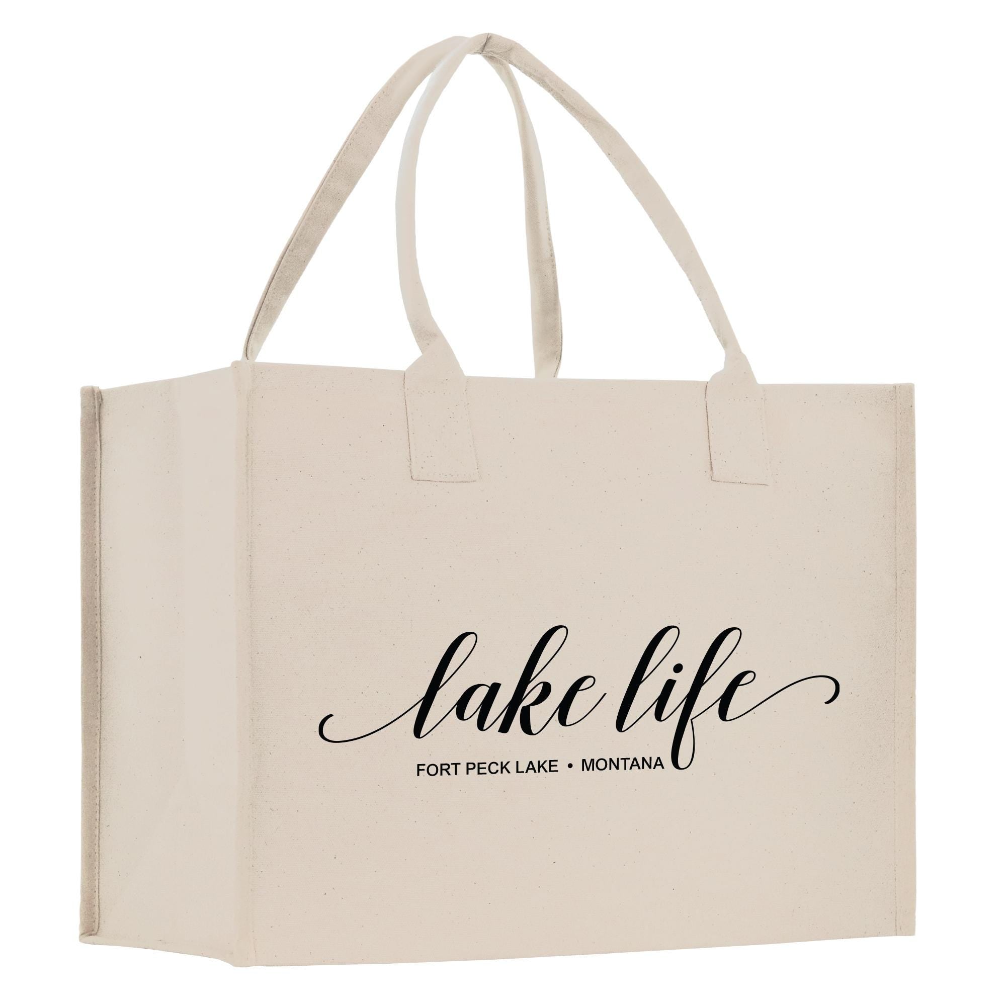 a white shopping bag with the words lake life printed on it