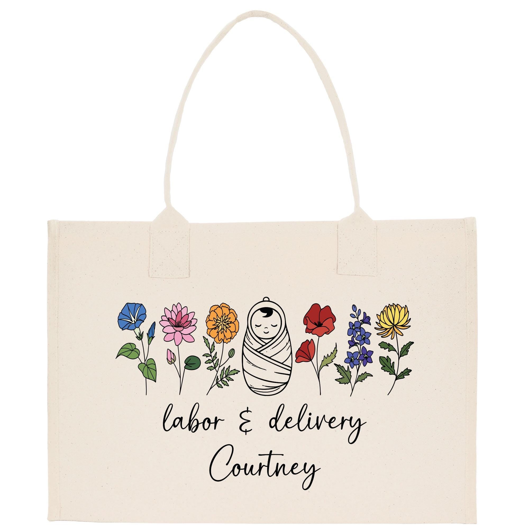a tote bag with a picture of a woman and flowers on it