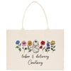 a tote bag with a picture of a woman and flowers on it