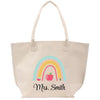a white bag with a rainbow and apple on it