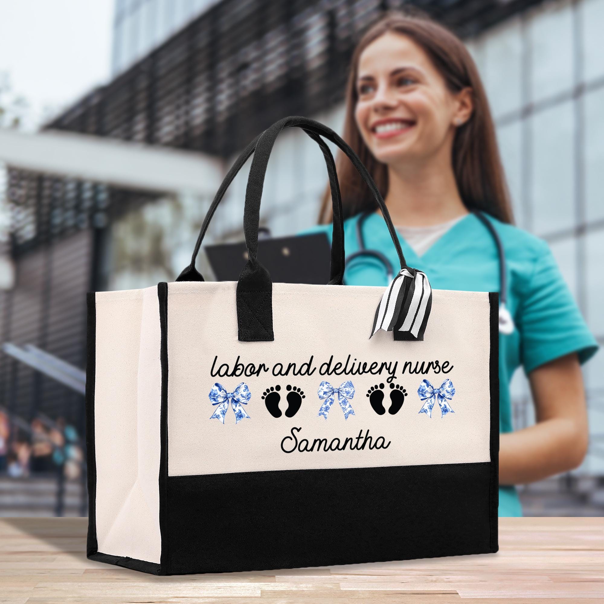 a woman holding a black and white shopping bag