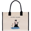 a handbag with a picture of a woman holding a rose