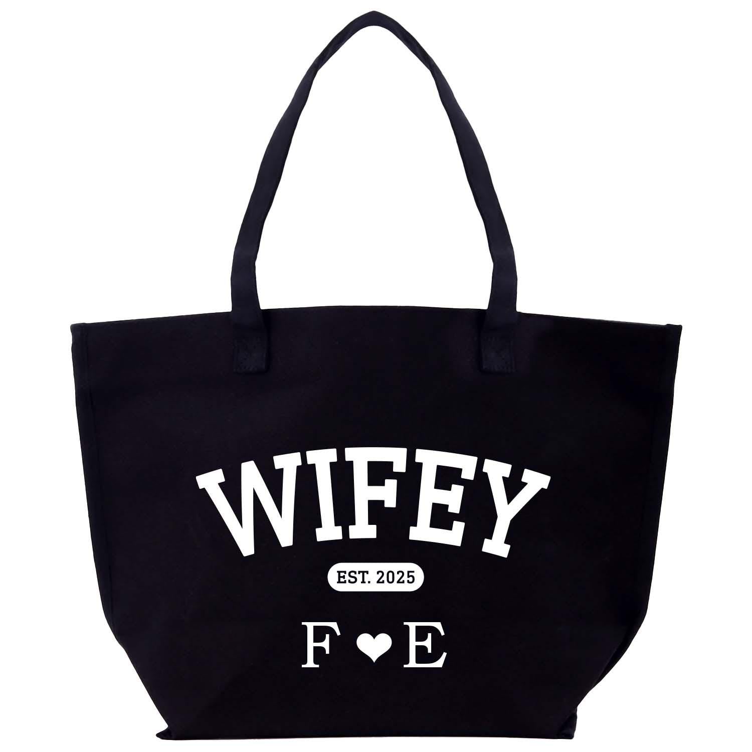 a black tote bag with the word wife printed on it