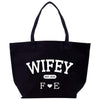 a black tote bag with the word wife printed on it