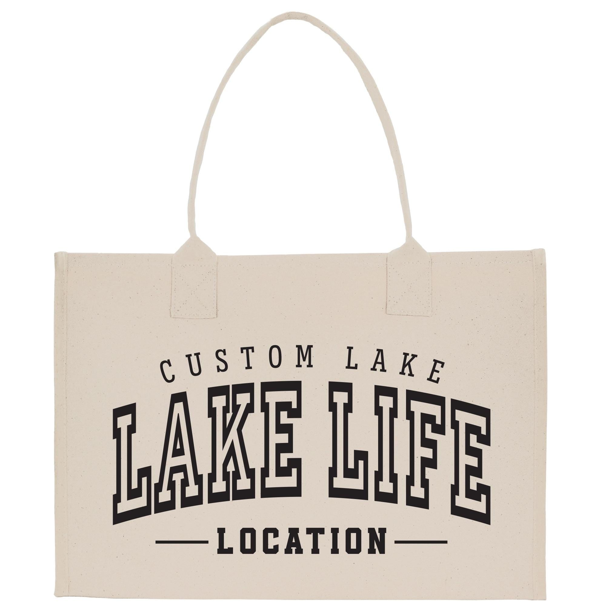 a white bag with the words lake life location printed on it