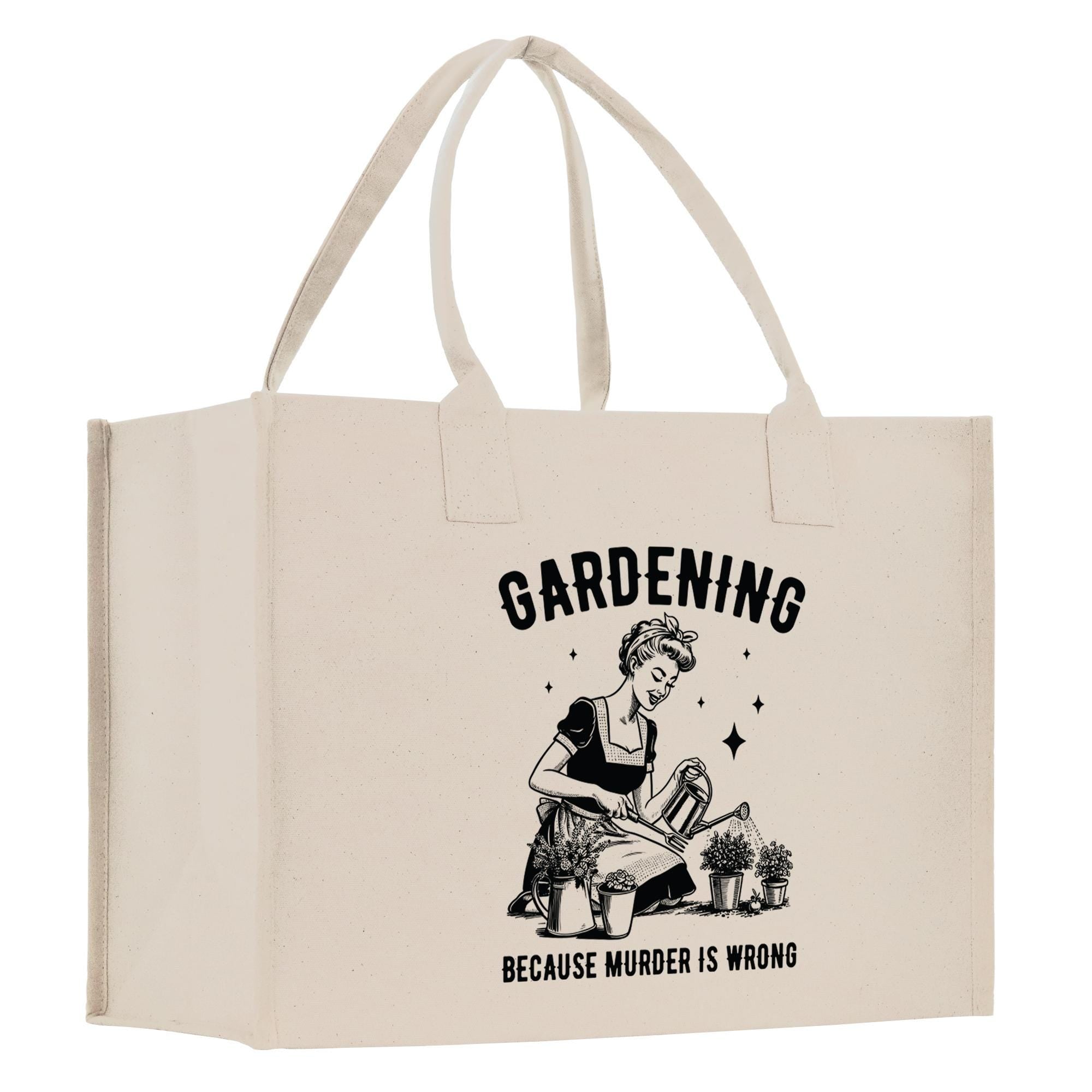a white bag with a black and white picture of a woman gardening