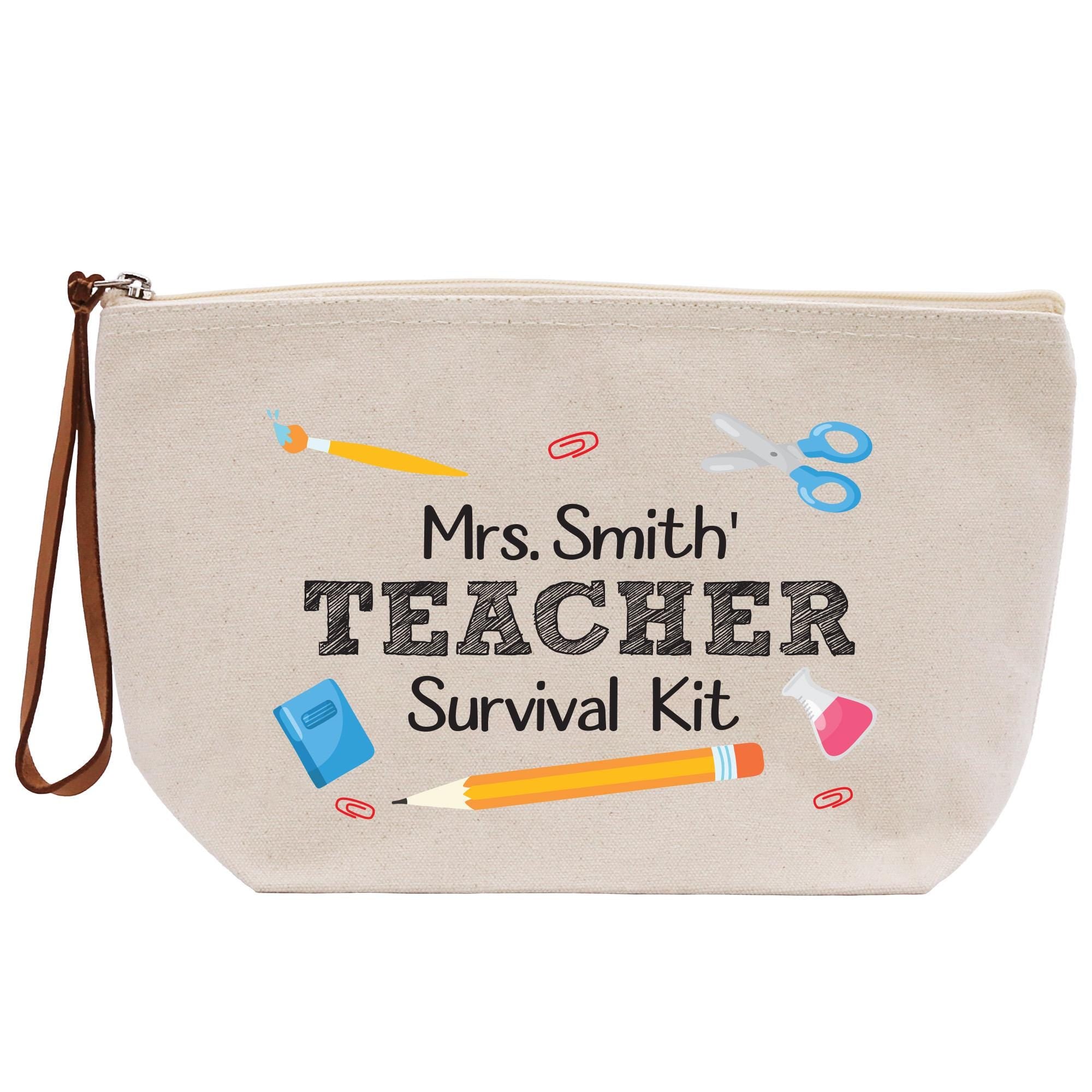a white bag with a teacher survival kit on it