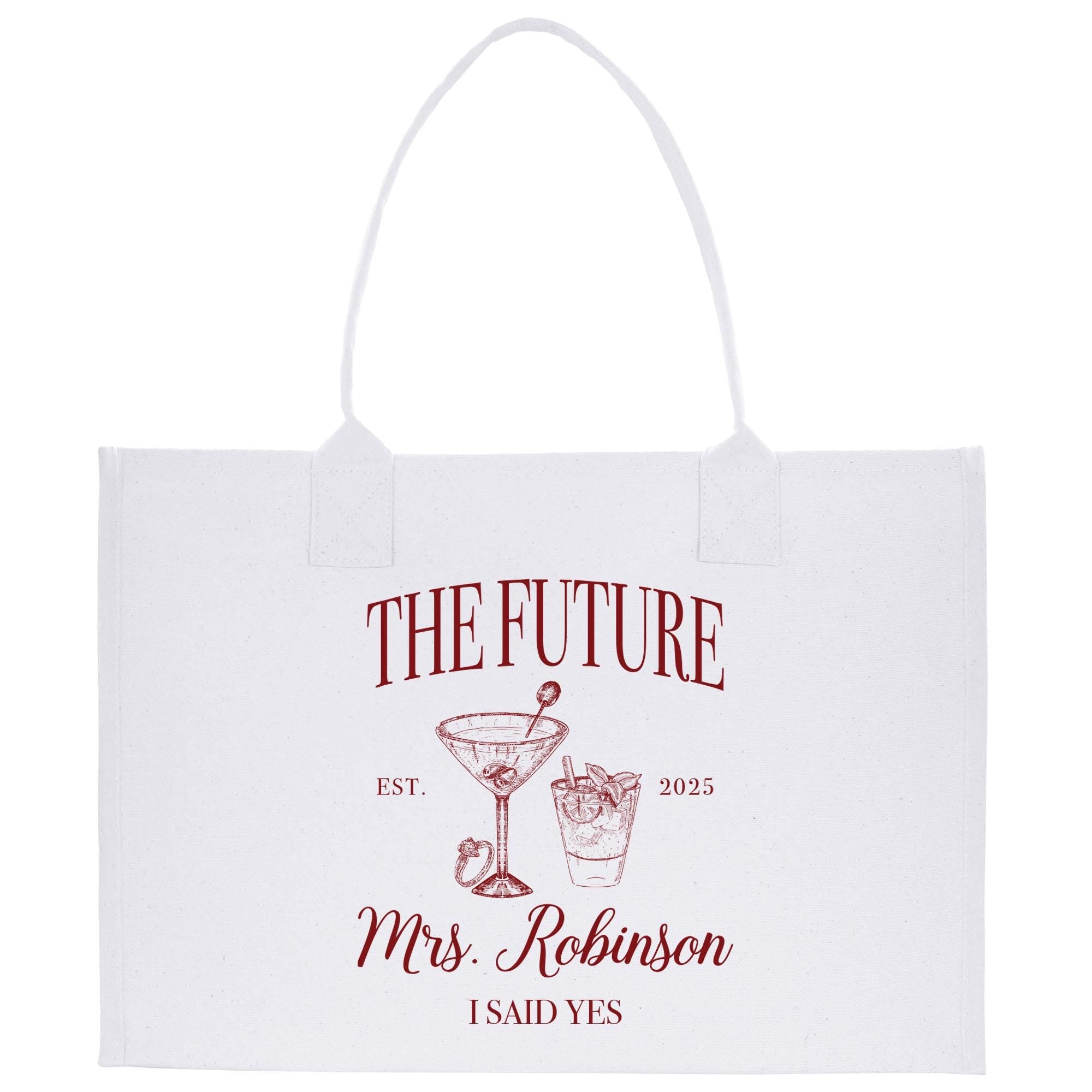 a white tote bag with the words, the future mrs robinson