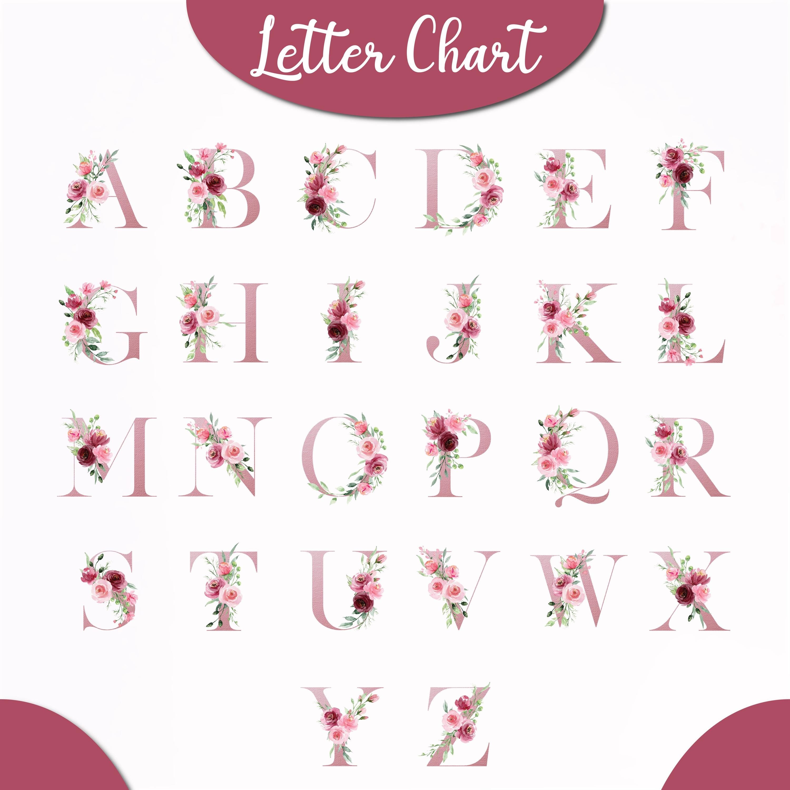 a collection of floral-themed letters, including the letters A to Z, arranged in a grid-like pattern. The letters are decorated with various pink and red flowers, creating a visually appealing and elegant design.