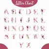 a collection of floral-themed letters, including the letters A to Z, arranged in a grid-like pattern. The letters are decorated with various pink and red flowers, creating a visually appealing and elegant design.