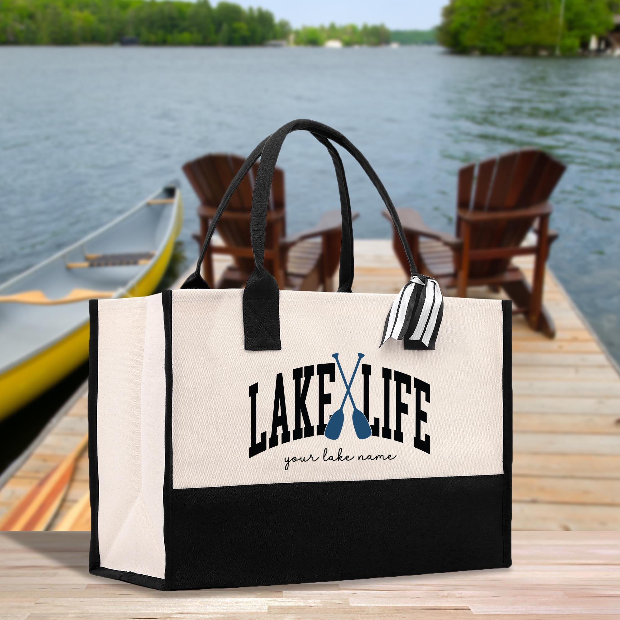 a lake life bag sitting on a dock
