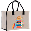 A beige tote bag with a printed design of a stack of colorful books and a cat on top.