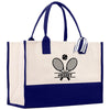 A white and blue tote bag with a tennis racket graphic and the text "#MESSY" printed on it.