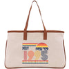 A beige canvas tote bag with a printed design on the front. The design features the text 