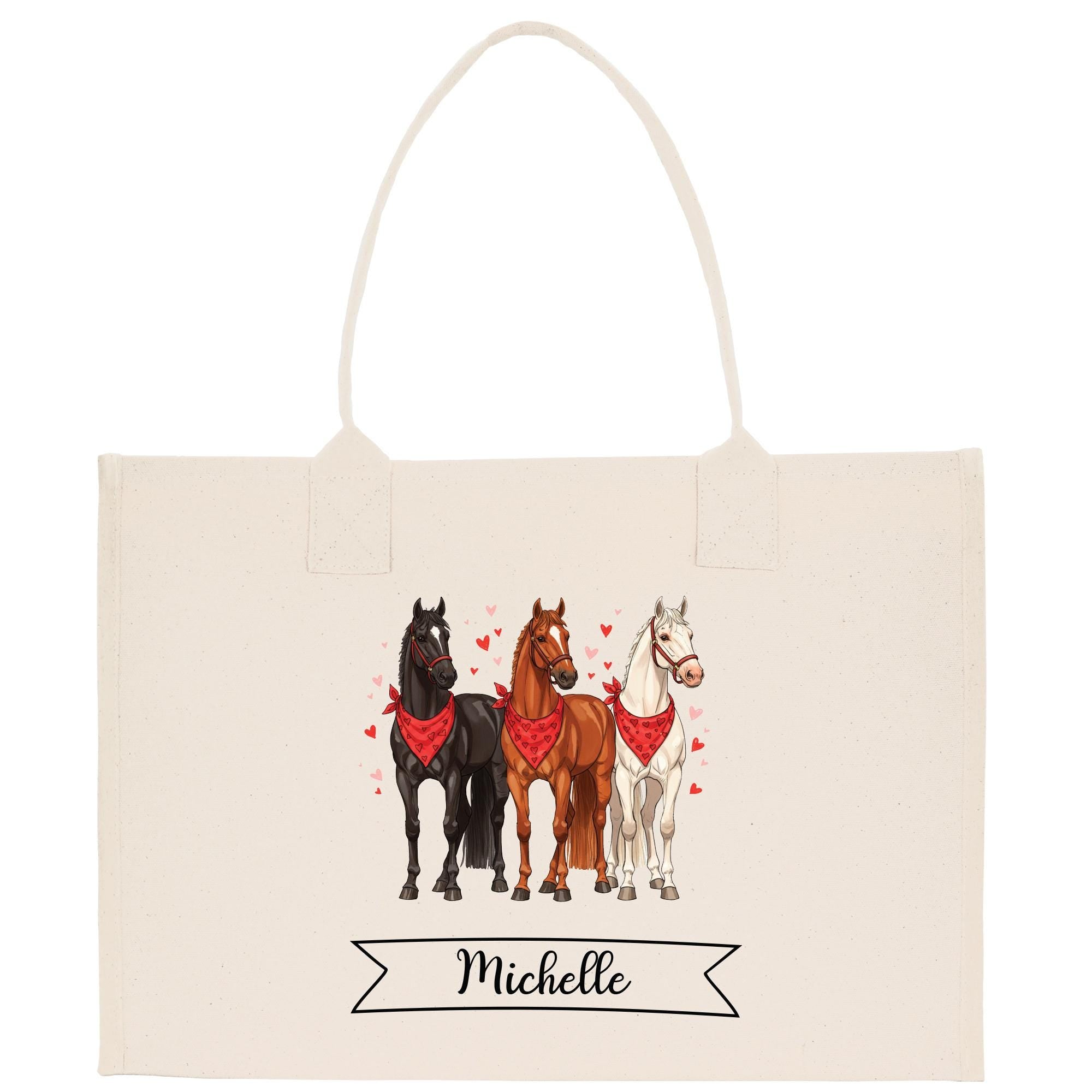 a white bag with three horses on it