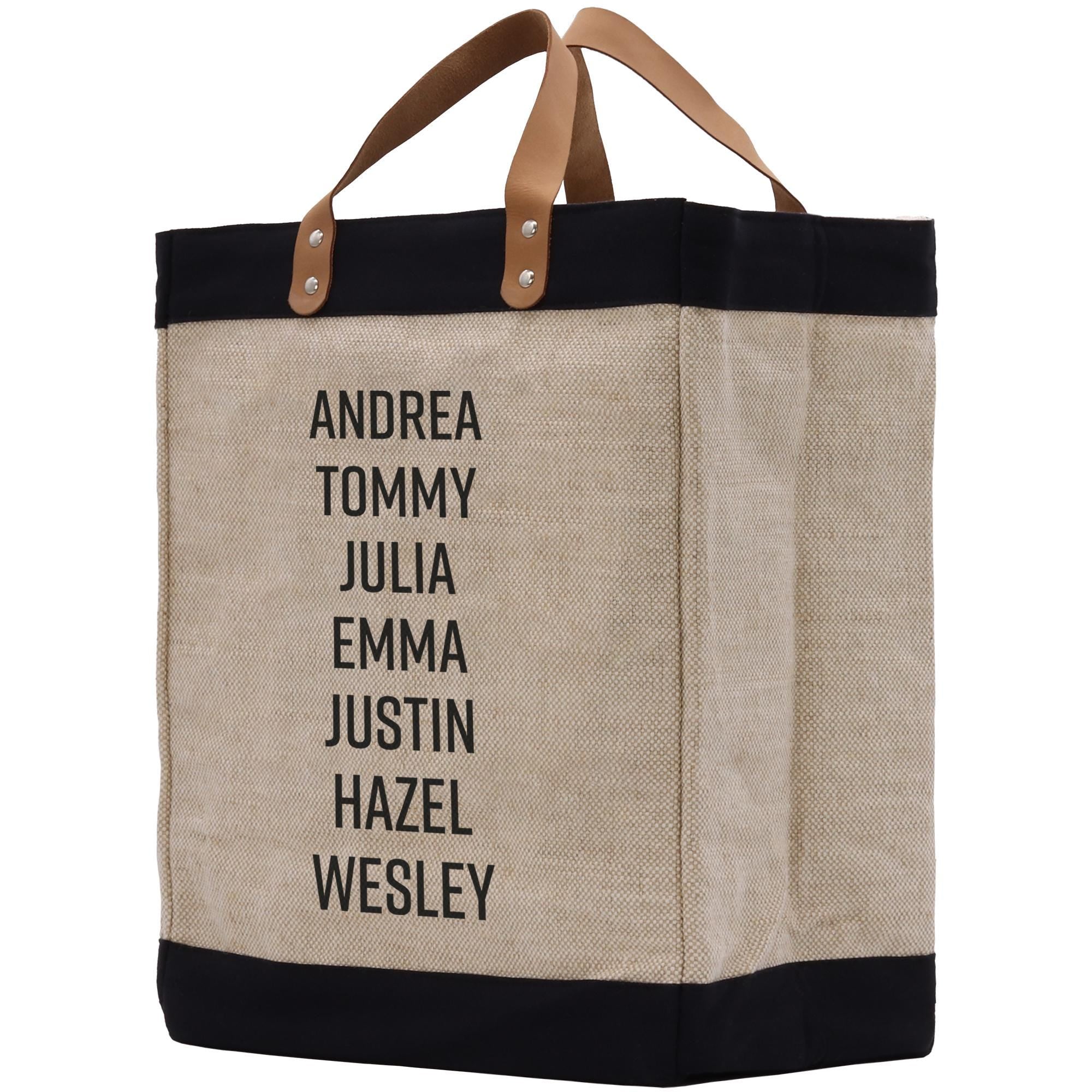 a jute tote bag with a leather handle