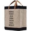 a jute tote bag with a leather handle