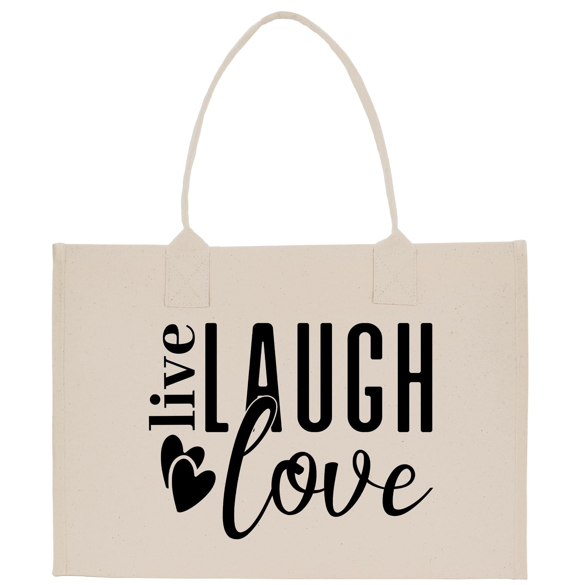 a white bag with black lettering that says live laugh love