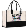 a black and white shopping bag with the words,'auntie is my game